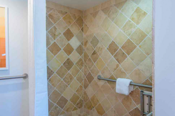 The image shows an accessible shower unit with tan-colored tiles, a handheld shower head, a white curtain, grab bars, and a towel hanging on a bar.