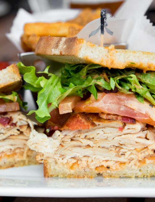 The image shows a close-up of a delicious sandwich filled with turkey, lettuce, tomatoes, and cheese on toasted bread, placed on a white plate.