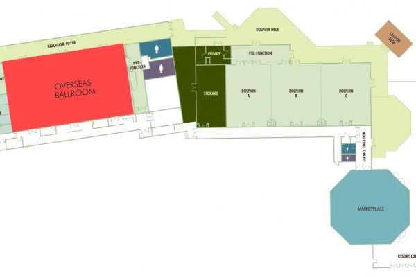 This image is a floor plan layout including an Overseas Ballroom, exhibit halls, a marketplace, restrooms, a lobby, and various service areas.