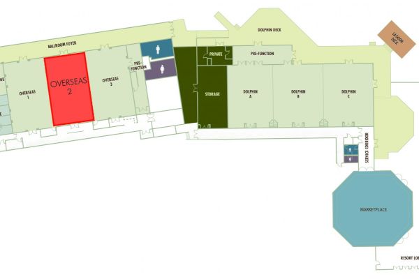 The image shows a floor plan layout of a building, including labeled rooms such as Overseas 2, Marketplace, EXIT, and various other facilities.