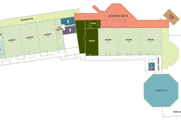 This image is a floor plan of a building with various sections labeled including exhibit spaces, restrooms, and meeting rooms, ending the sentence.