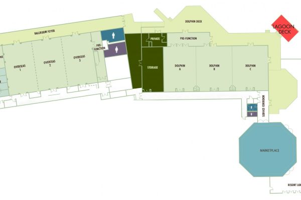 This image is a floor plan showing various rooms, exits, and facilities. It includes labels for the Lagoon Deck, harbour views, and a resort pool.