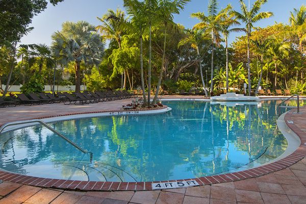 A serene outdoor pool surrounded by palm trees and lounge chairs in a tropical setting, with a depth marker indicating 4ft 5in.