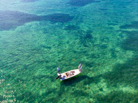 Two people are fishing on a small boat in clear, shallow waters with vibrant green and blue shades in the ocean, under a sunny sky.