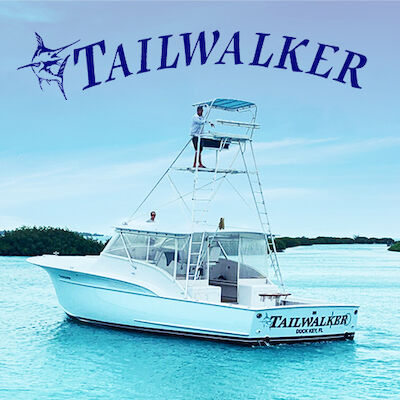 A white boat named "Tailwalker" is on calm blue waters with the logo and name "Tailwalker" in purple above it. End of sentence.