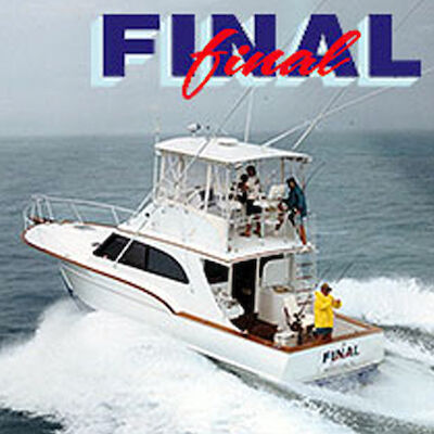 A boat named "FINAL" is shown speeding on the water. Two people are visible on the deck, with the sea and a cloudy sky in the background.