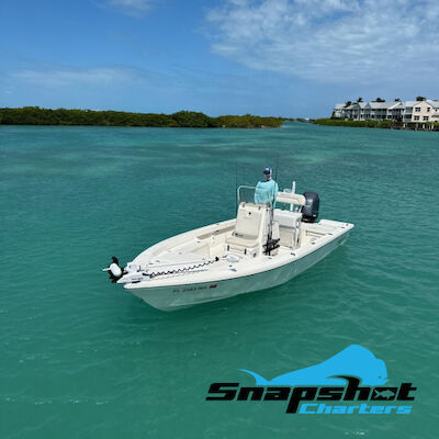 A person is on a small boat in clear turquoise waters near lush green land and buildings, with "Snapshot Charters" text and logo on the image.