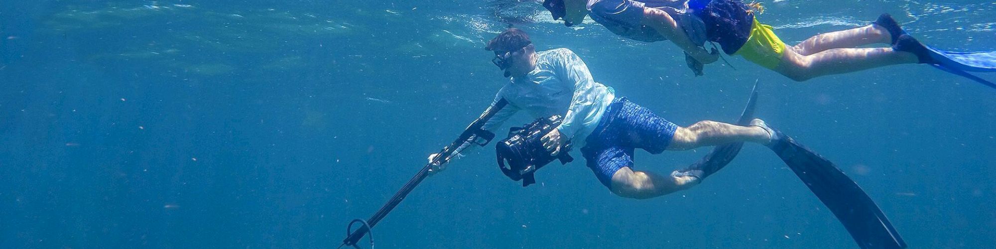 Two individuals are underwater, using snorkeling gear and fins, with one carrying a spear gun, appearing to be engaged in spearfishing.