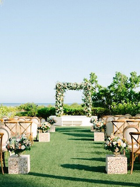 The image shows an outdoor wedding setup with chairs, a floral arch, and palm trees, overlooking a scenic view with greenery and the ocean in the background.