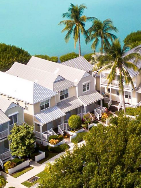 The image shows a tropical residential area with white-roofed houses, surrounded by lush greenery and palm trees near a body of water, ending the sentence.