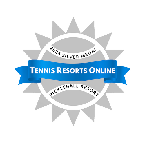 An emblem with a silver medal design, labeled "2024 Silver Medal" and "Pickleball Resort," along with a blue ribbon reading "Tennis Resorts Online."